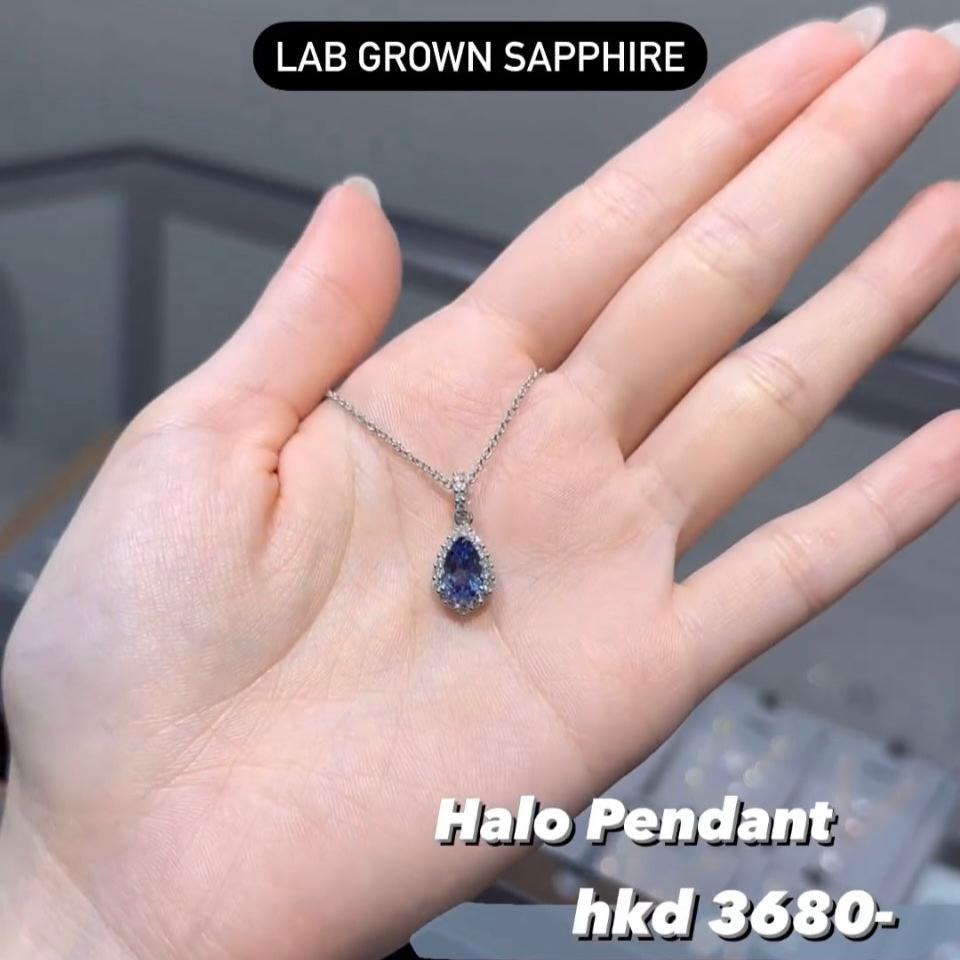 Lab grown sapphire cornflower Pear shape 1.5ct halo pendant