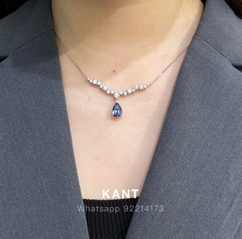 Lab grown sapphire cornflower pear shape 1.5ct with diamond bar necklace