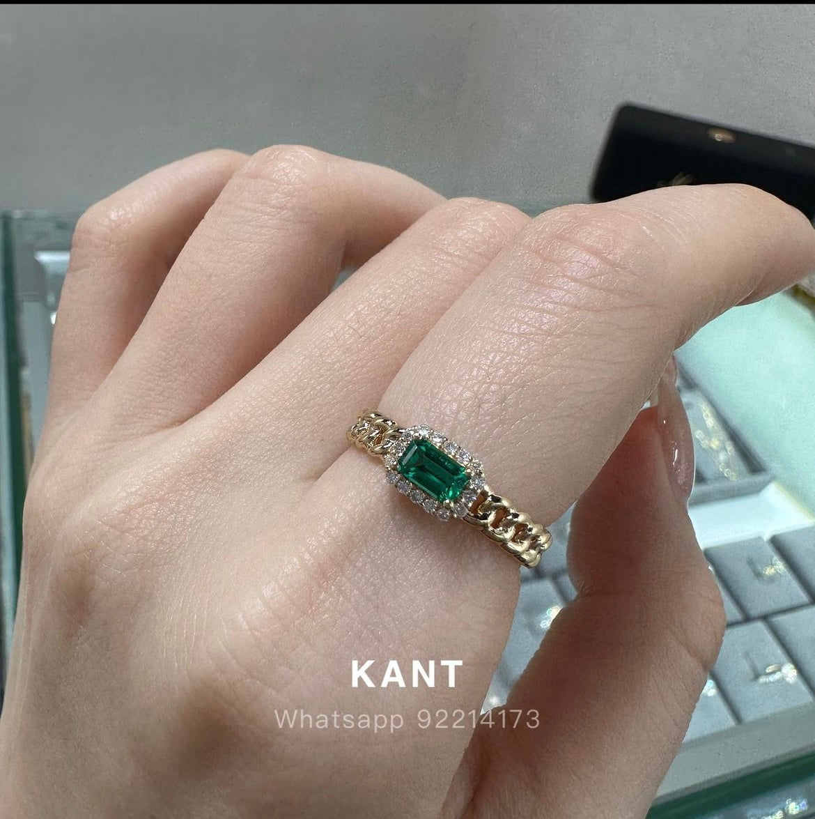 Lab Emerald emerald cut halo Cuban chain ring
