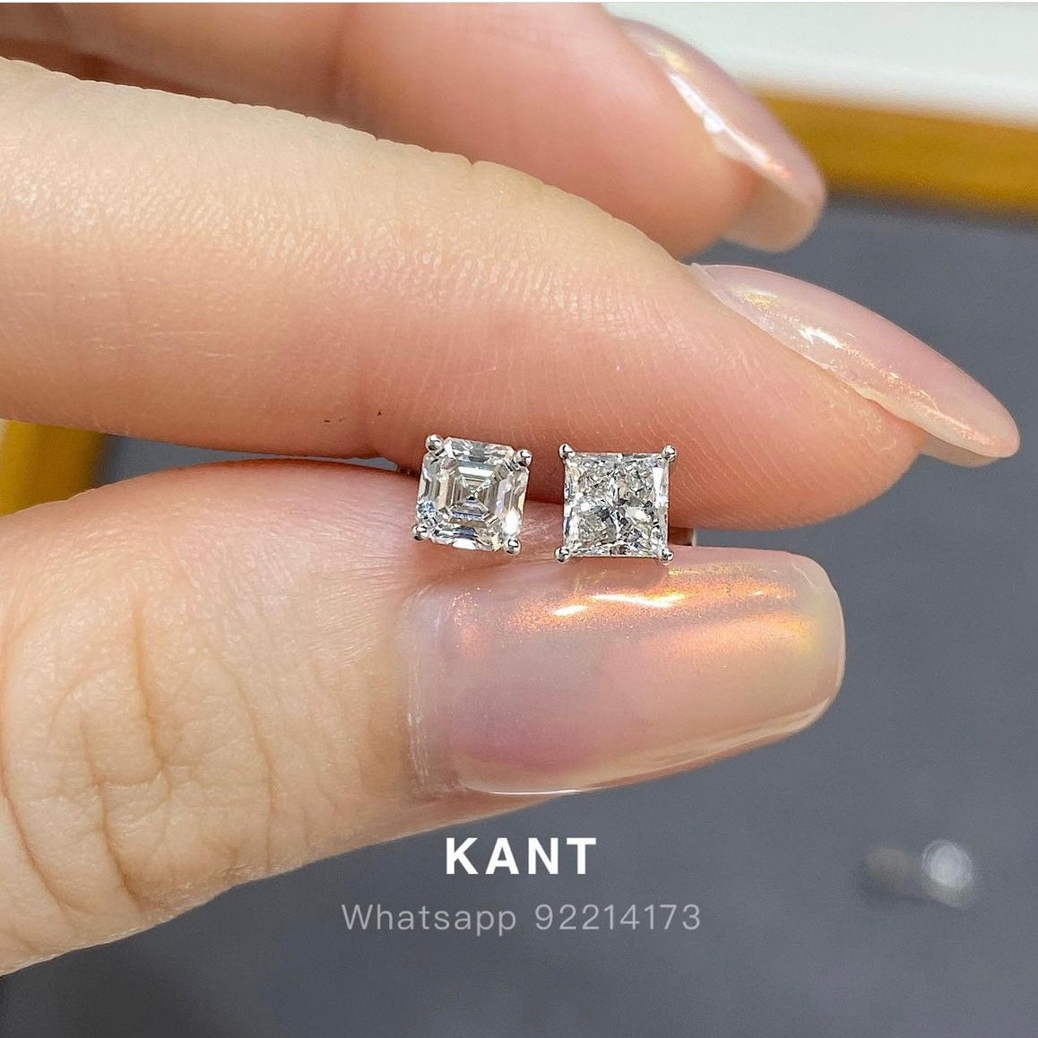 lab diamond Princess cut 0.9ct four-prong stud earrings-pair