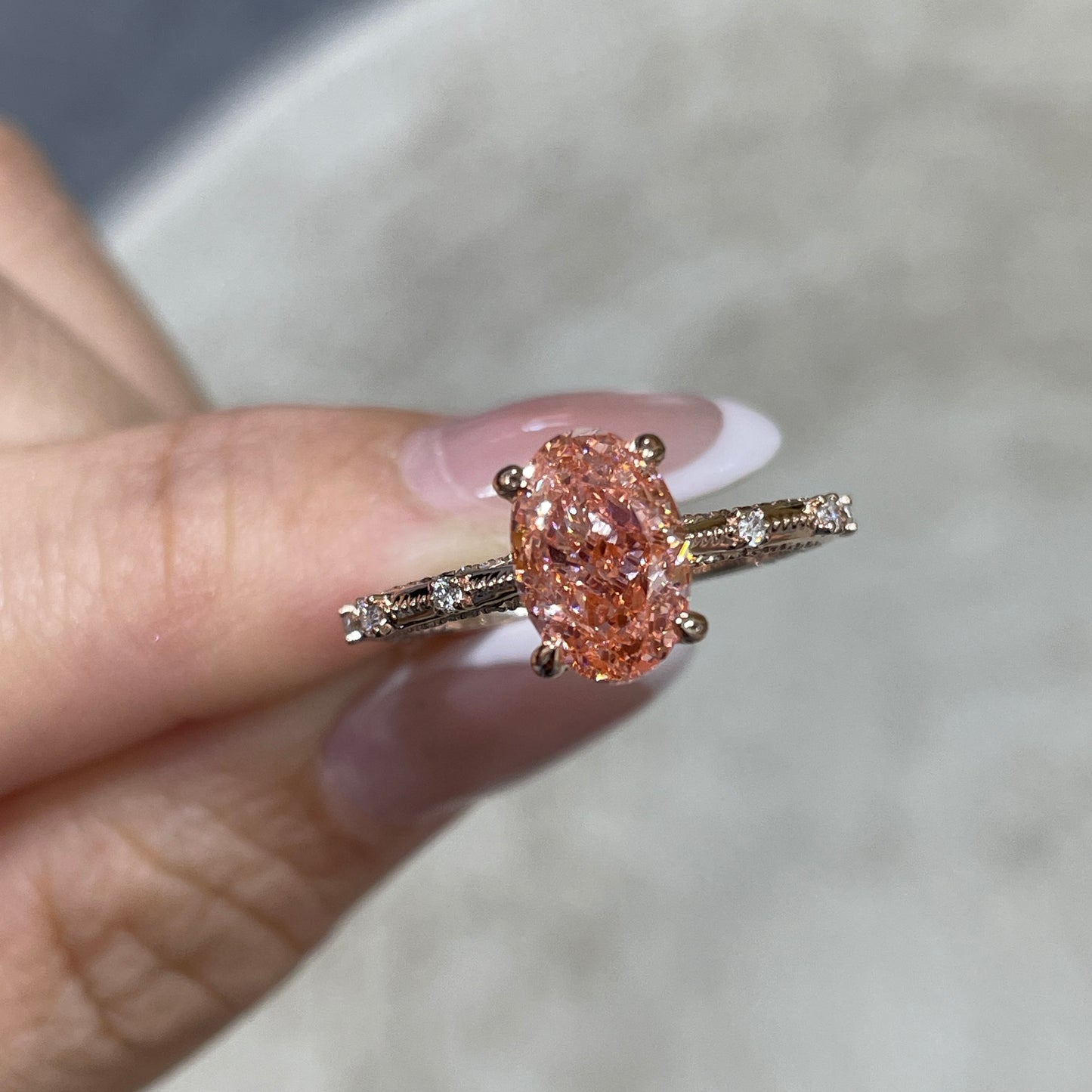IGI Lab pink diamond oval shape 2ct milgrain under paved ring