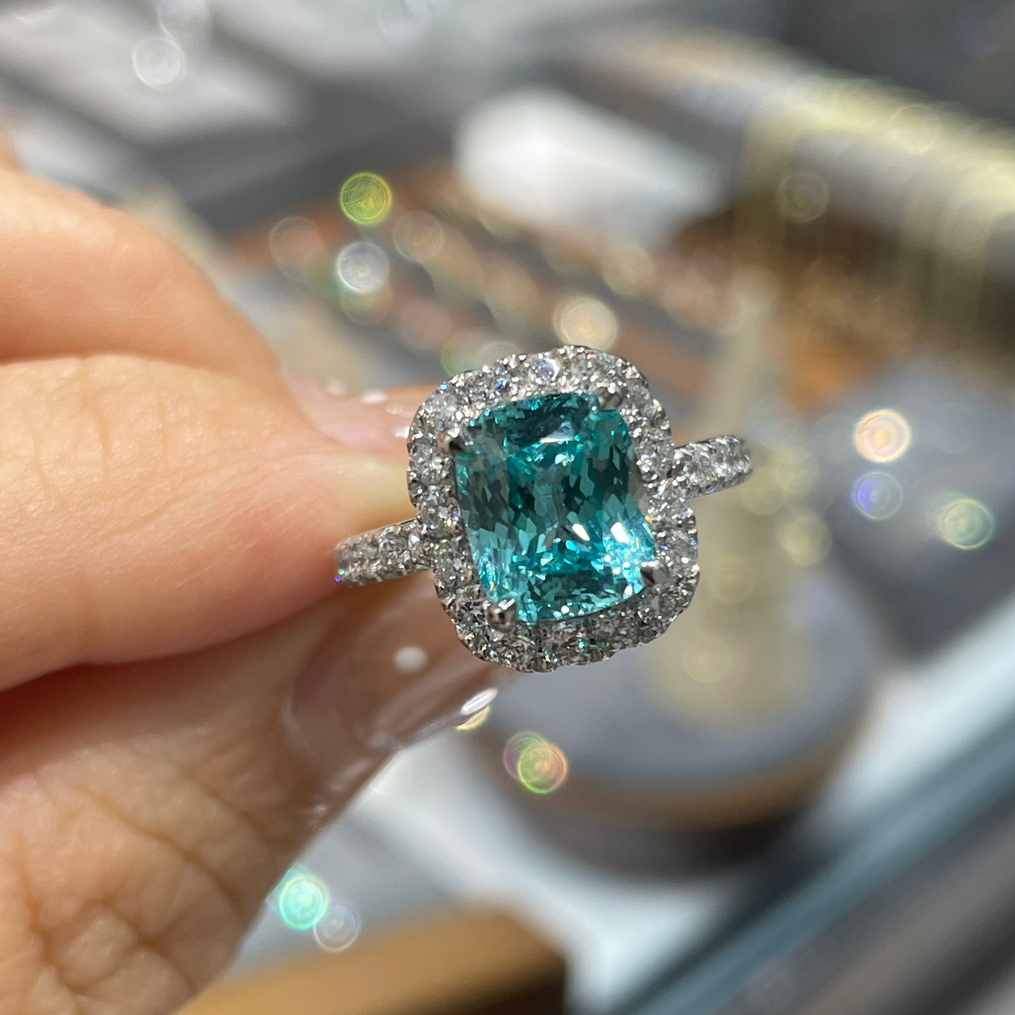 Lab Sapphire paraiba color cushion cut 3.4ct classic halo ring
