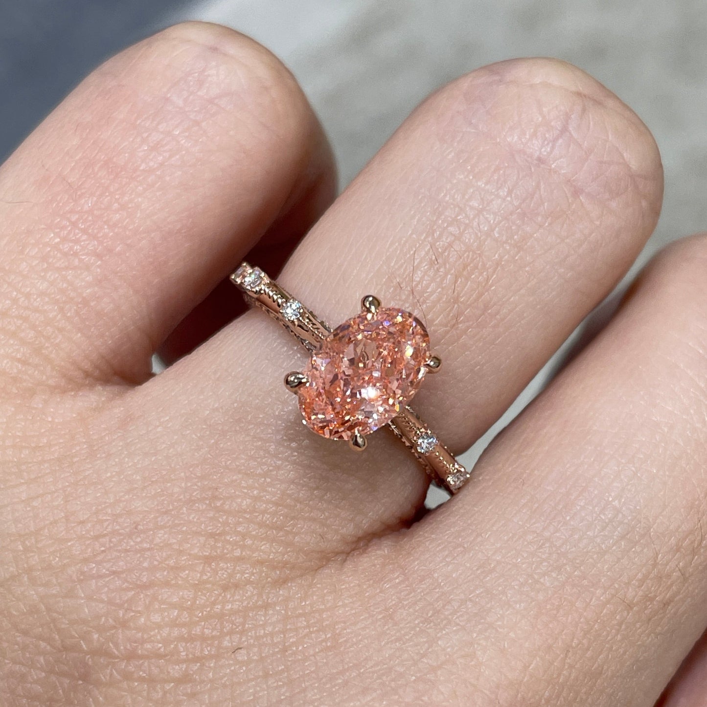 IGI Lab pink diamond oval shape 2ct milgrain under paved ring