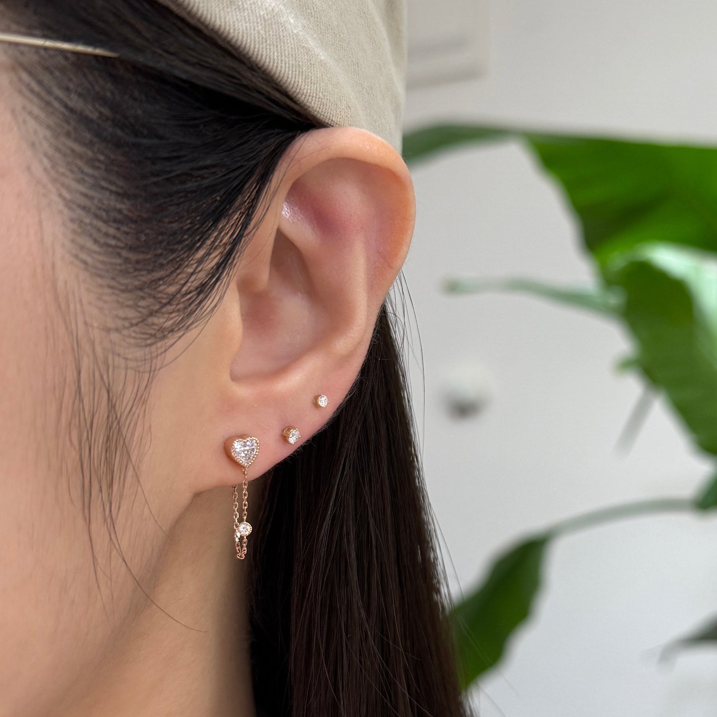Lab diamond heart shape and round 0.54ct with baby diamond milgrain bezel chain back earrings - pair