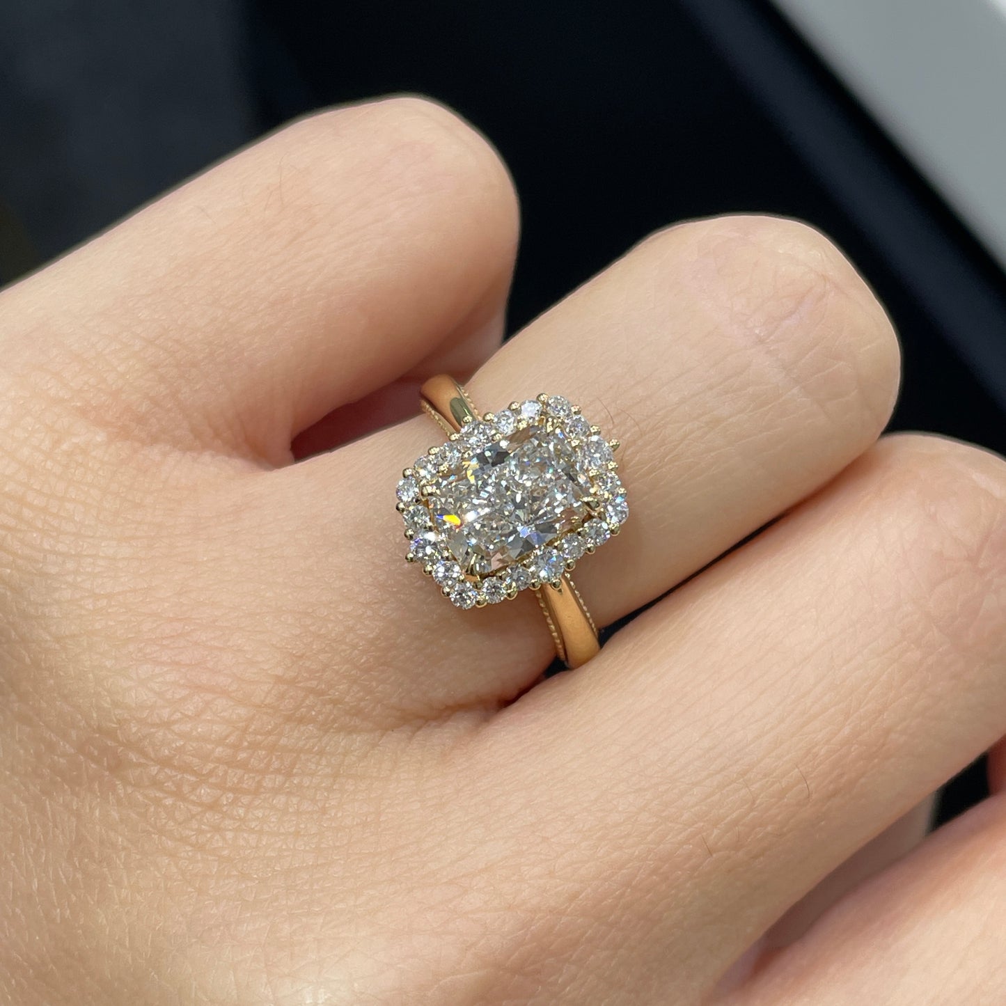 IGI Lab diamond modified cushion 1.8ct halo ring