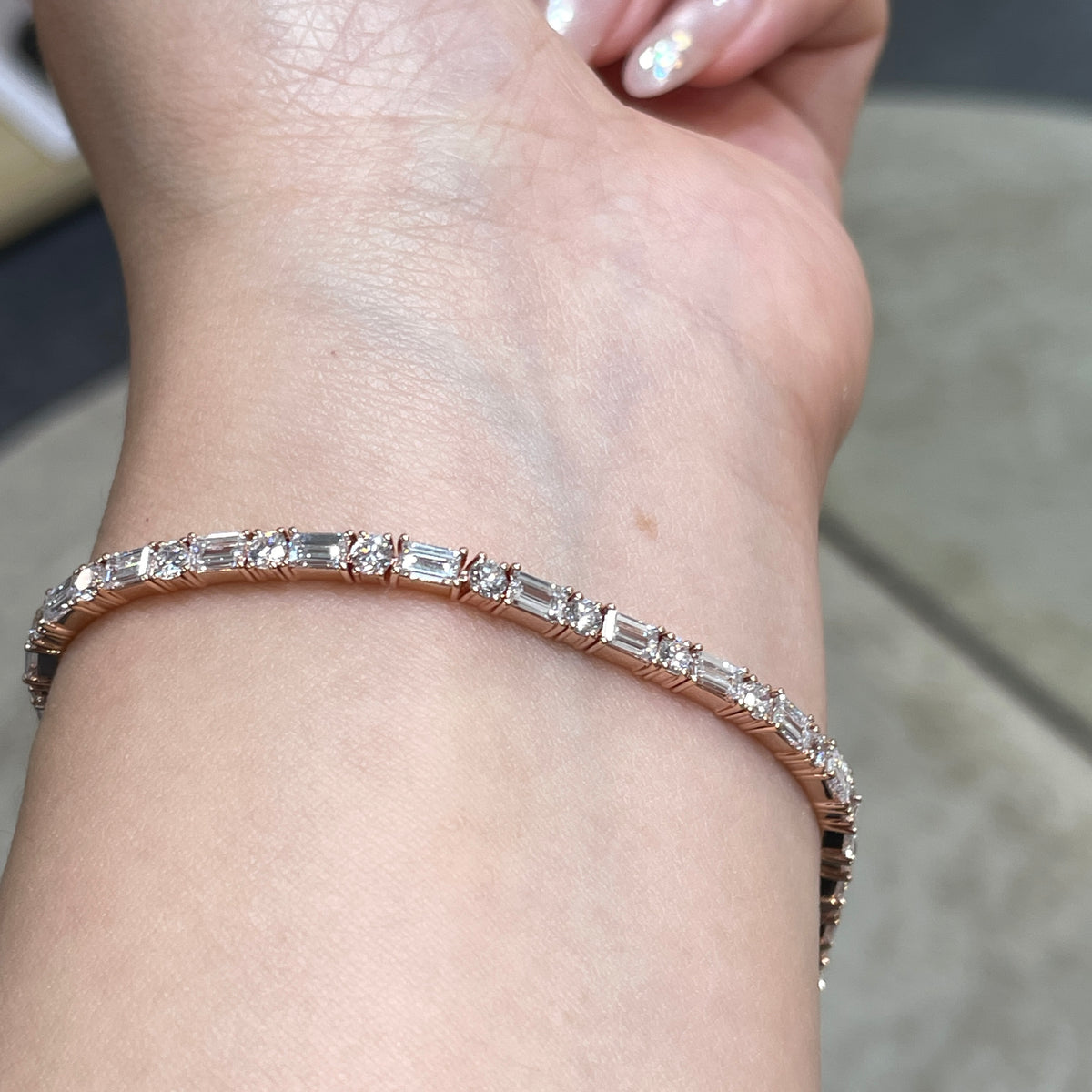 14k Lab Diamond baguette cut and round mix 5.7ct four-prong tennis bracelet