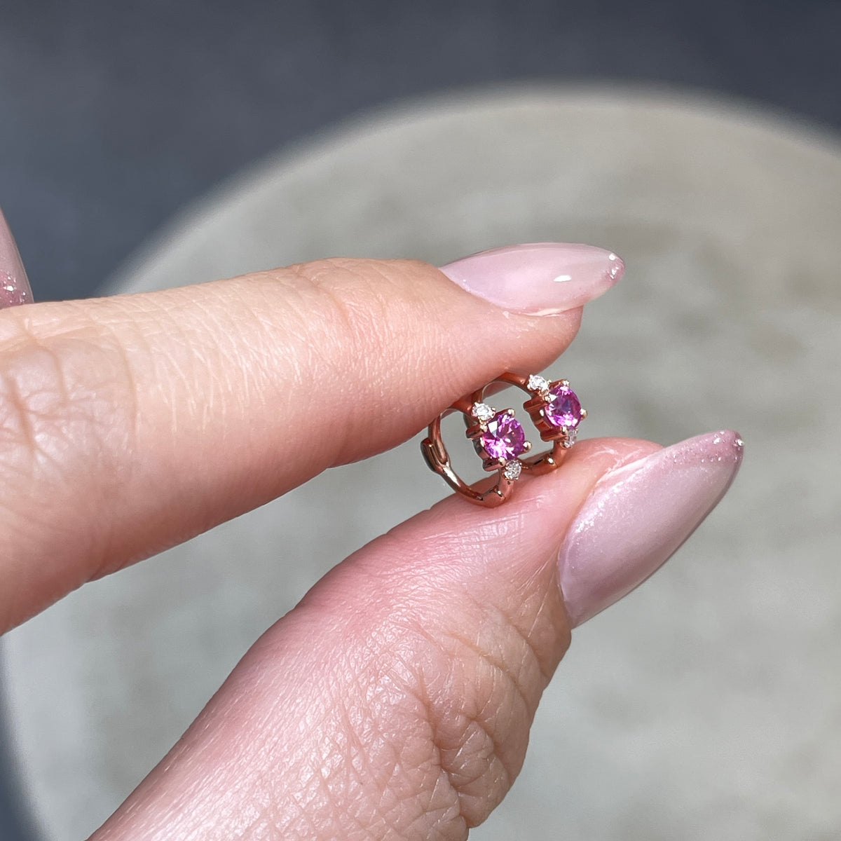 Lab pink sapphire round 0.14ct with lab diamond 6mm hoop earring-each