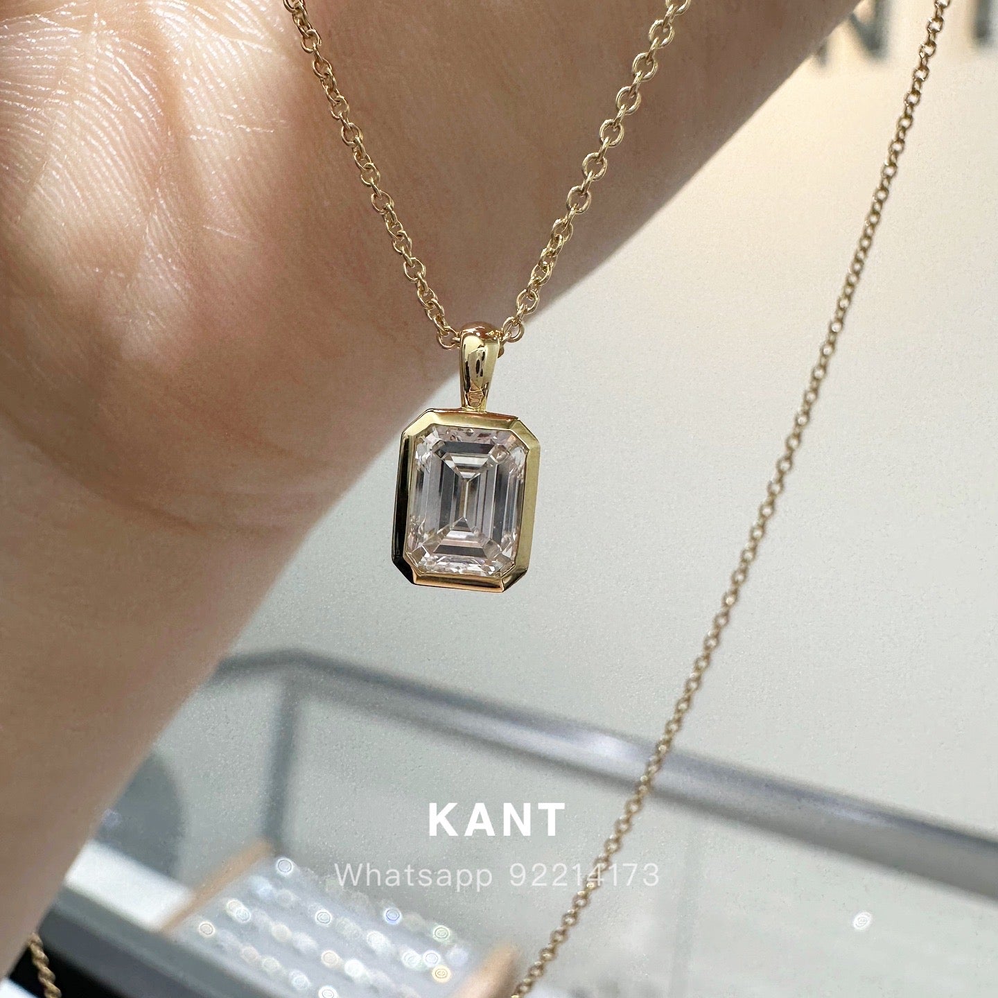 Lab diamond emerald cut 0.9ct bezel pendant with necklace