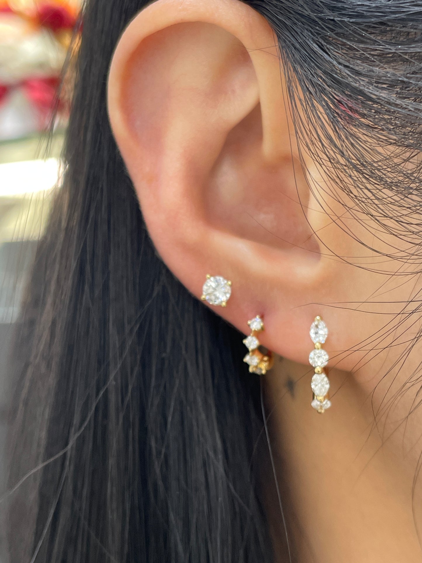 Lab diamond marquise round 0.8ct mix 10mm hoop earrings-pair (larger version)
