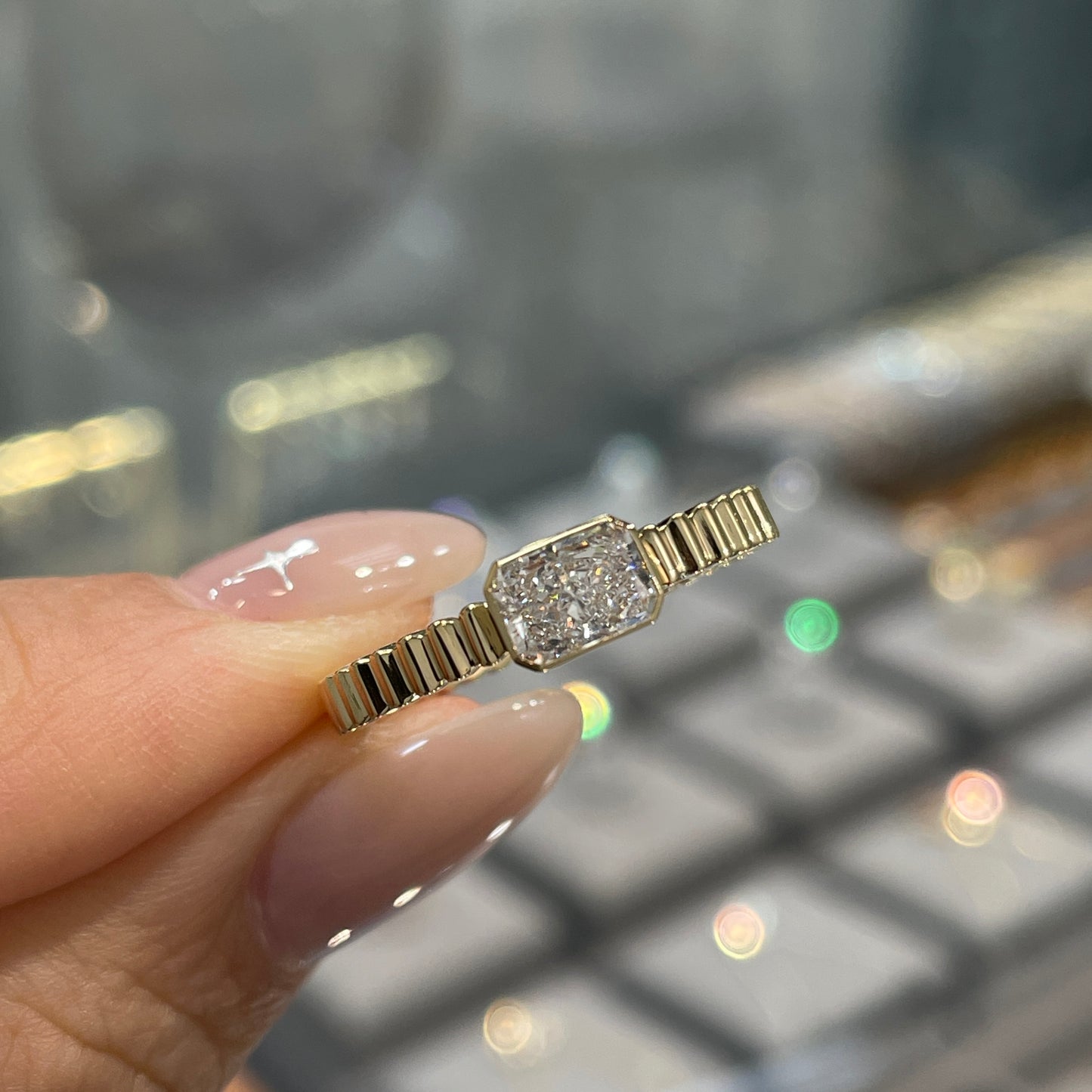 Lab diamond Radiant cut 0.5ct horizontal bezel set with vertical line band ring