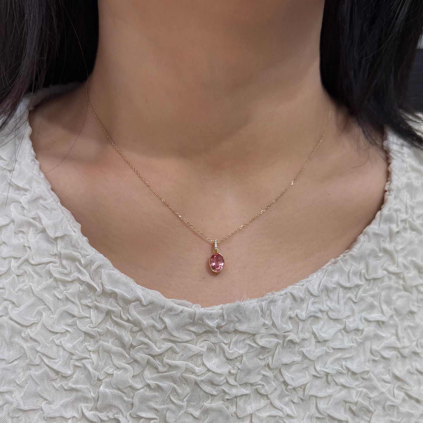 Lab pink sapphire Oval shape 1.6ct bezel pave open clip pendant