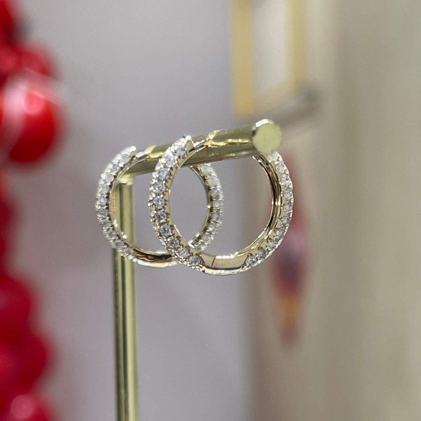 9k Lab diamond round 0.94ct double side three row 11mm hoop earrings-pair