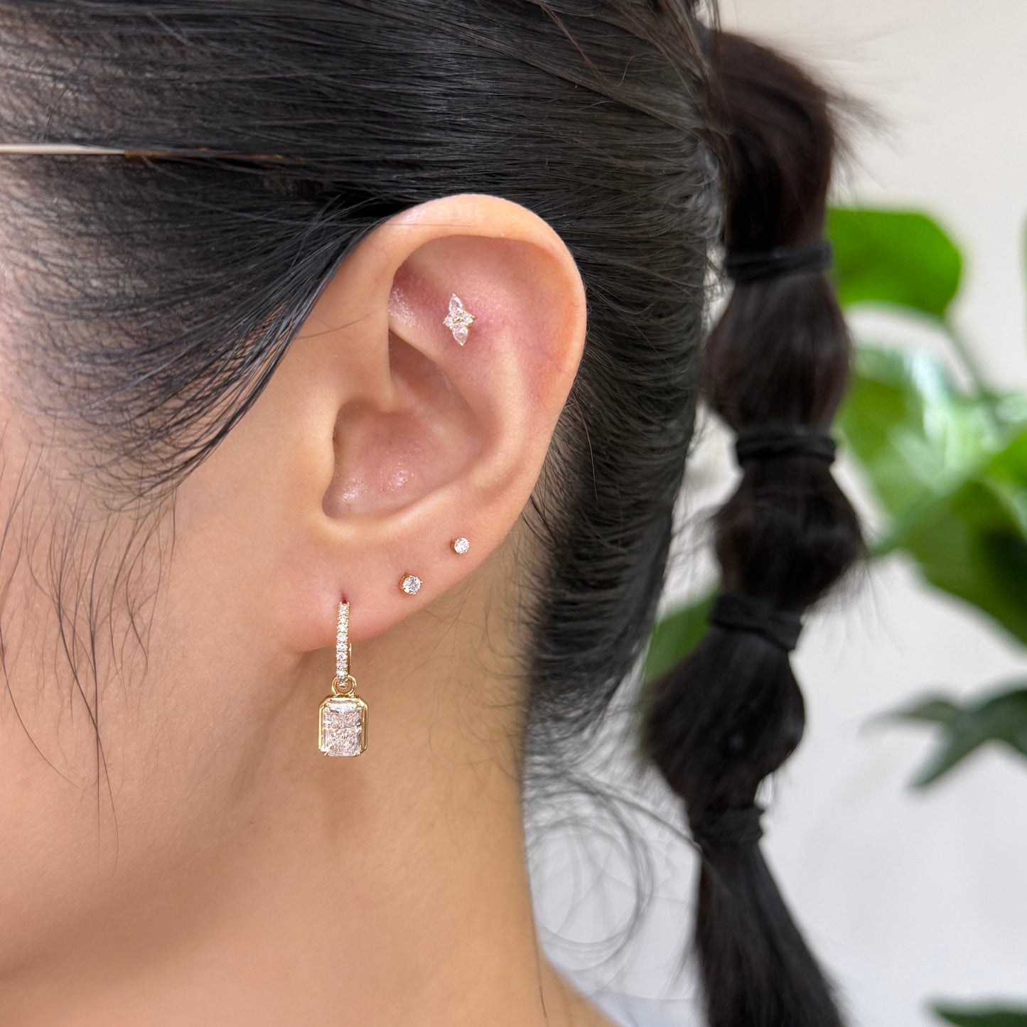 Lab diamond radiant cut 2.14ct four-prong bezel two way hoop earrings - pair