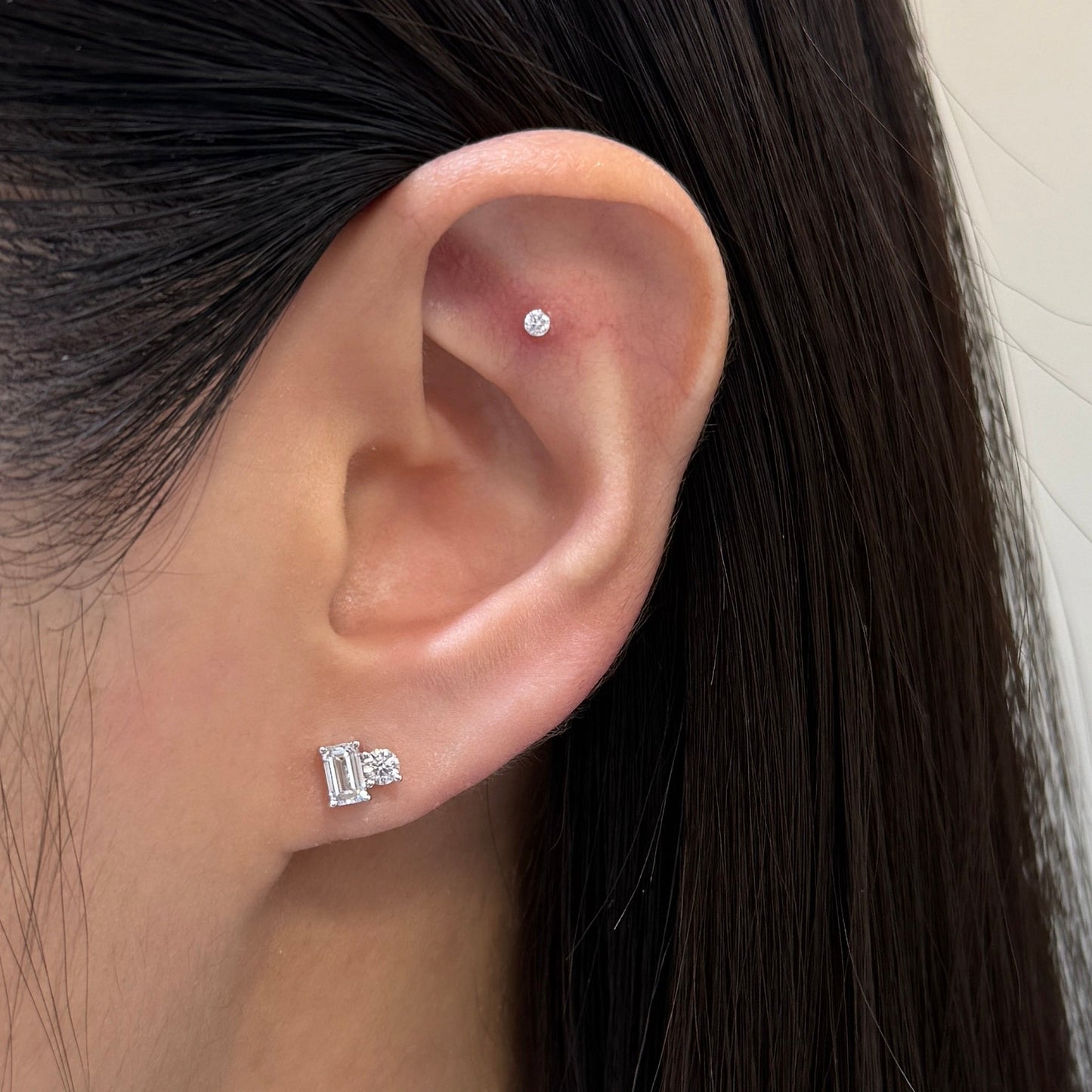 Lab diamond Emerald cut and round 0.8ct toi et moi stud earrings-pair