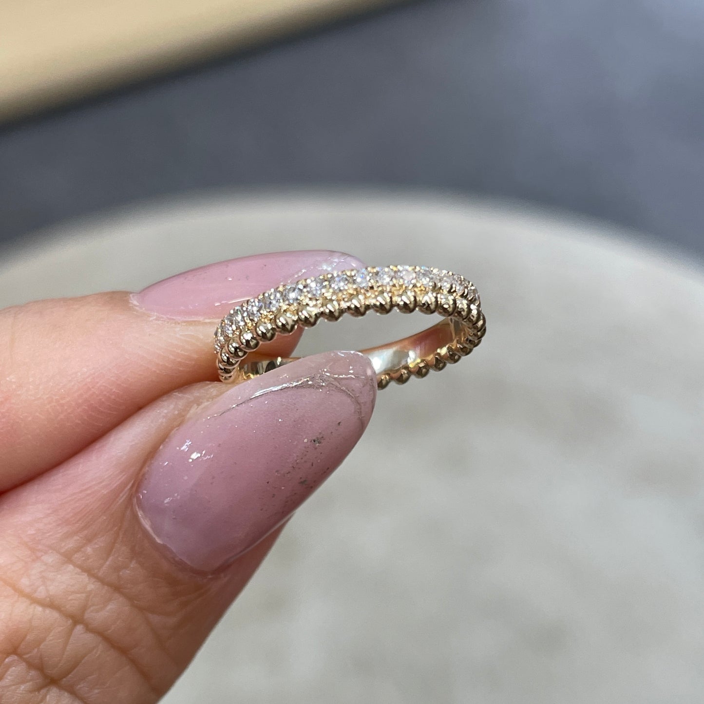 9k Lab diamond round 0.3ct milgrain dewdrop full eternity pinky ring