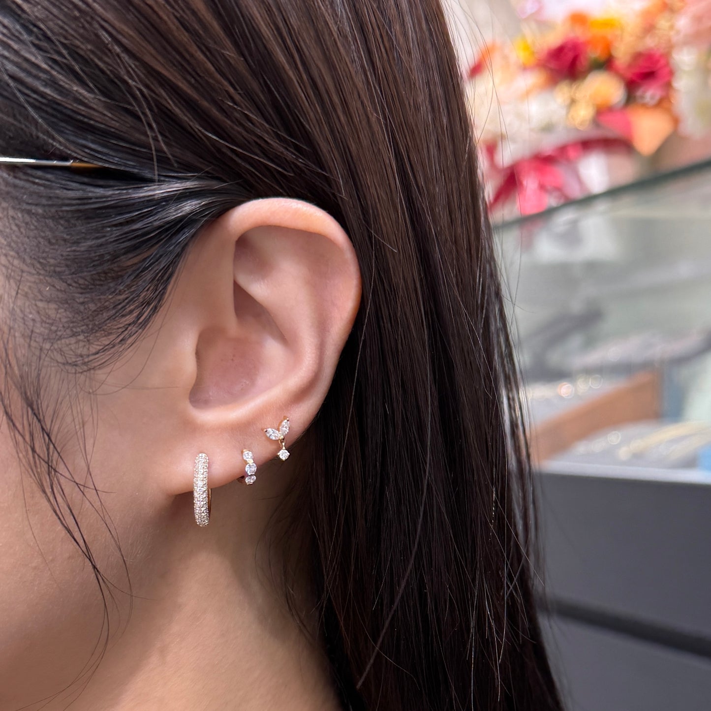 9k Lab diamond round 0.5ct three row 12mm hoop earrings-pair