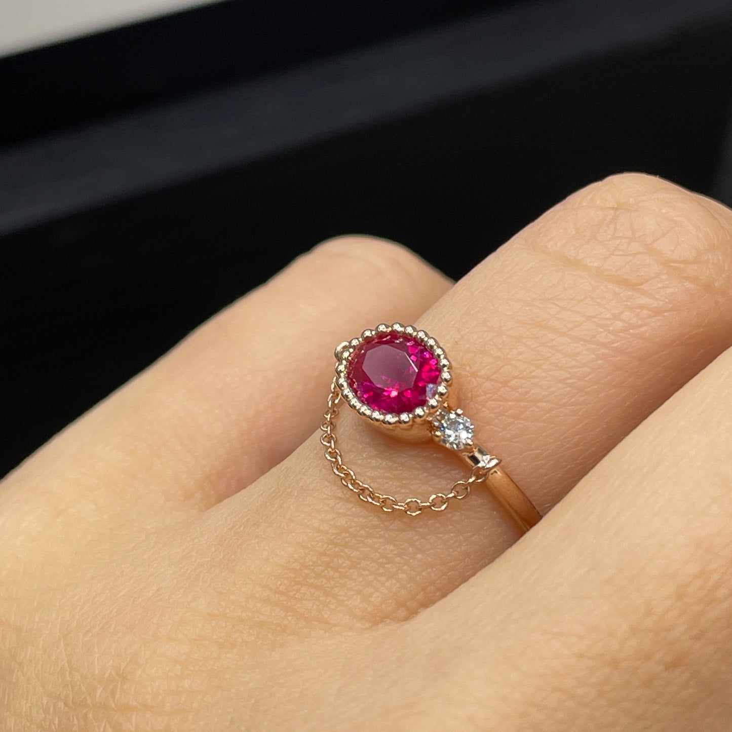 Lab Ruby Oval shape 0.8ct with diamond milgrain bezel chain ring