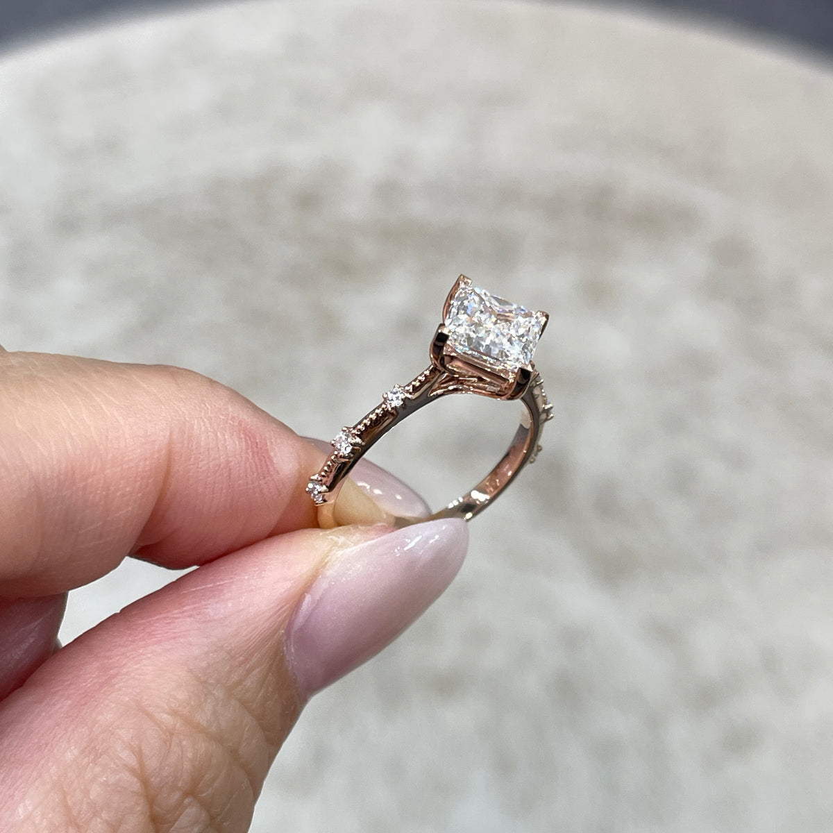IGI Lab diamond Princess cut 1.5ct four-prong milgrain side stone band ring