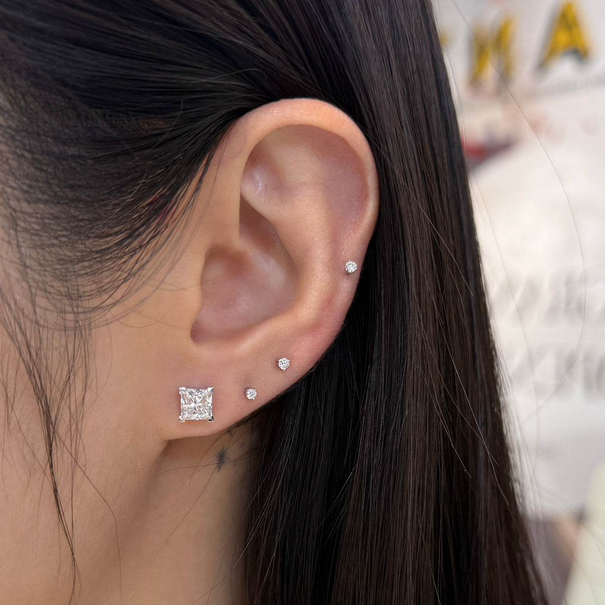 Lab diamond princess cut 2cr four-prong stud earrings - pair