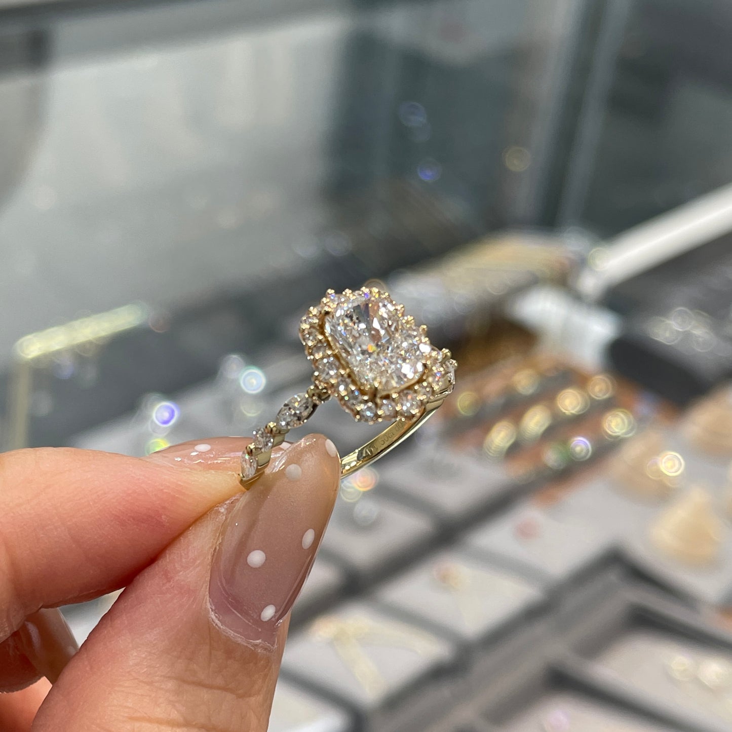 IGI Lab diamond long cushion cut 1.5ct halo with marquise and round mix pave ring