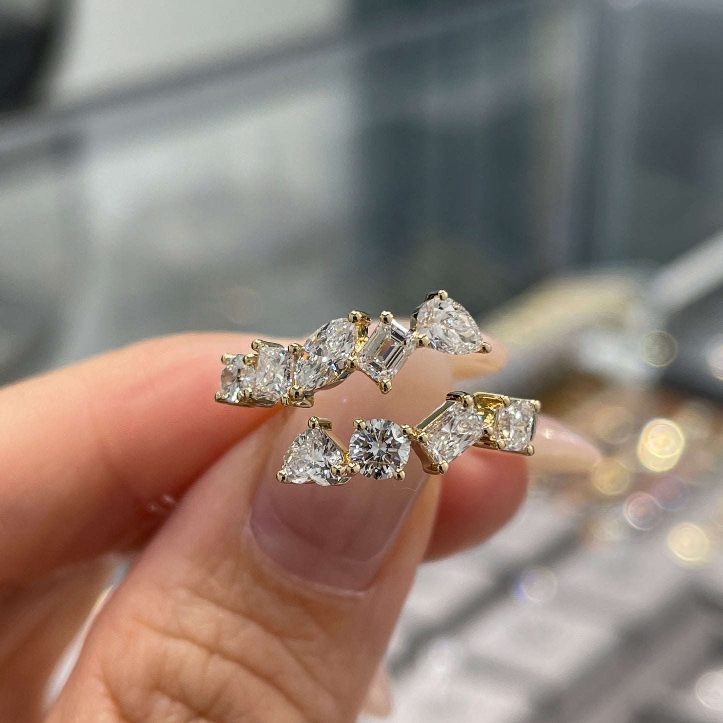 Lab diamond multi shaped 1.35ct irregular open ring