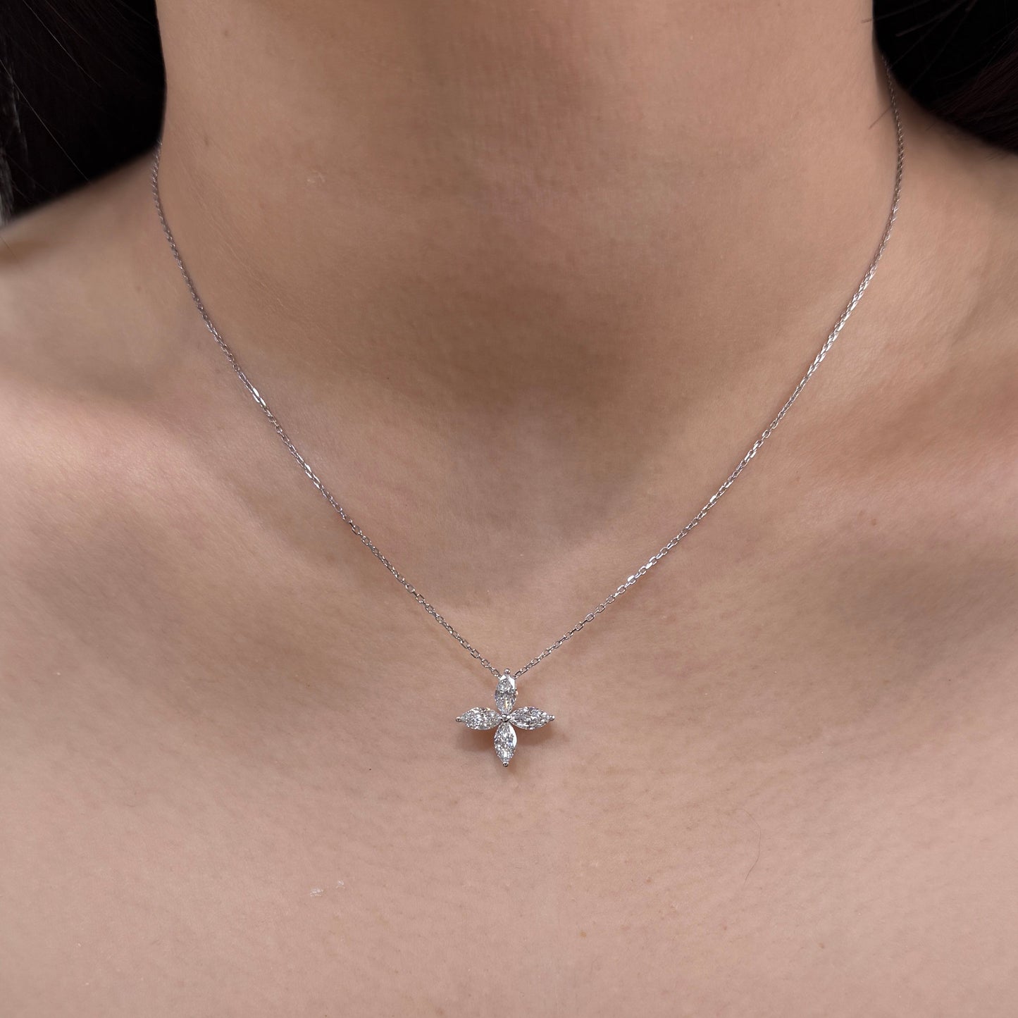 Lab diamond marquise 0.8ct flower two way pendant with necklace