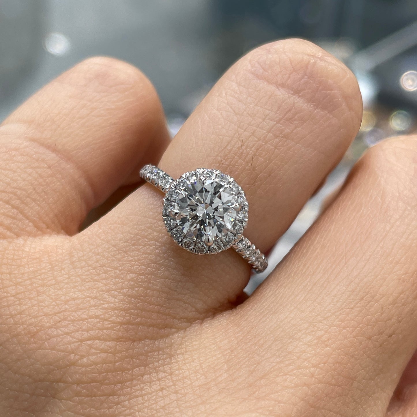 IGI lab diamond round 1ct halo with underpaved pave band ring
