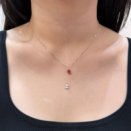 Lab Ruby Oval shape 0.9ct swing diamond pear shape 0.7ct two stone necklace
