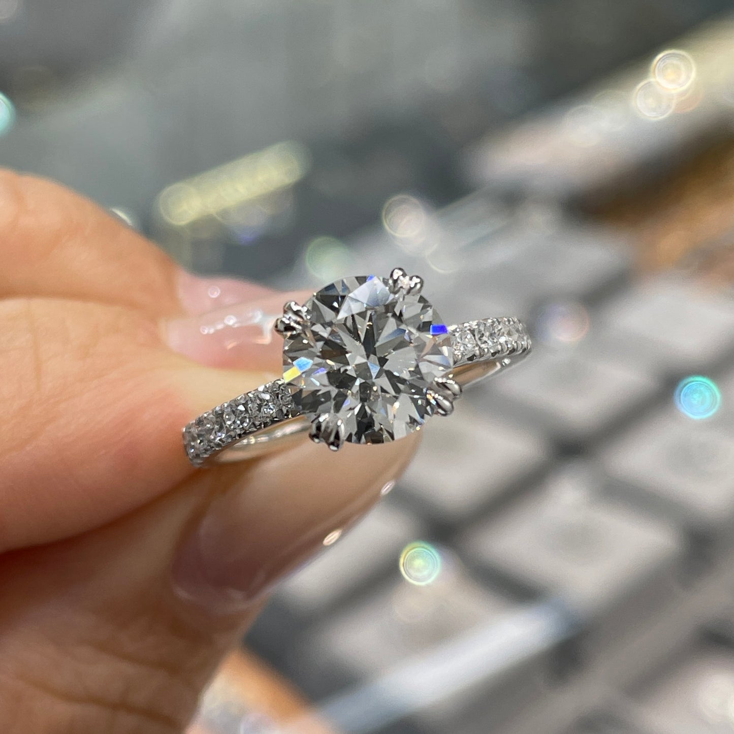 Lab diamond Round 2.3ct four double prong pave ring