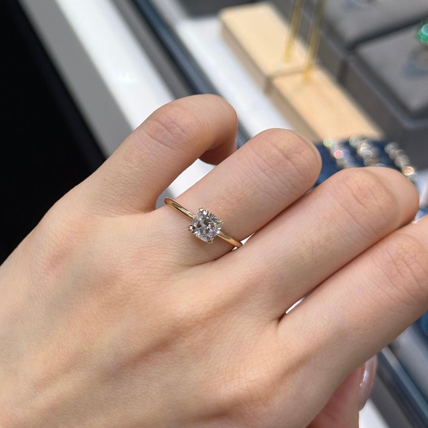 Lab diamond cushion 1ct double-prong skinny band ring