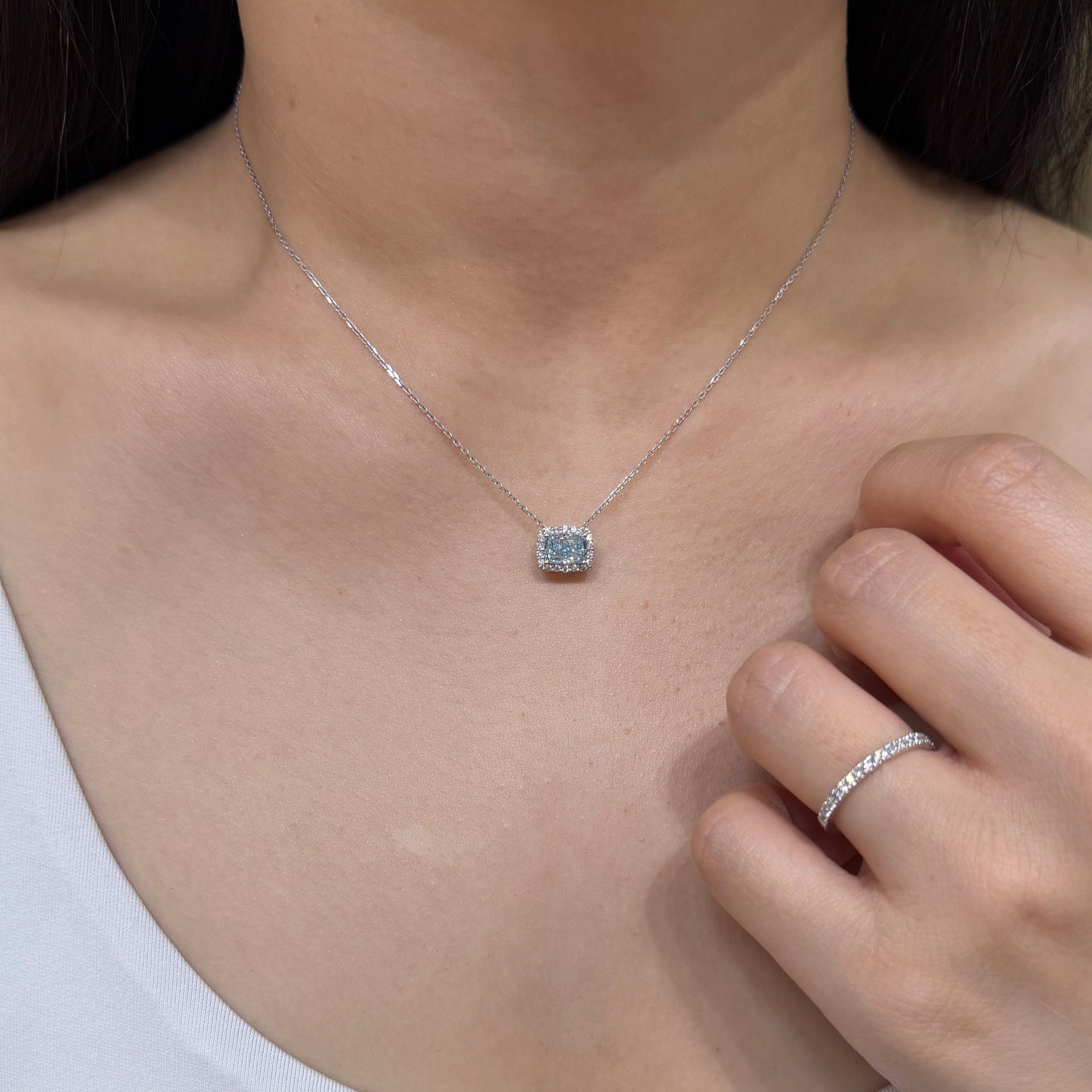 IGI lab blue diamond long cushion cut 1ct halo two-way pave ring