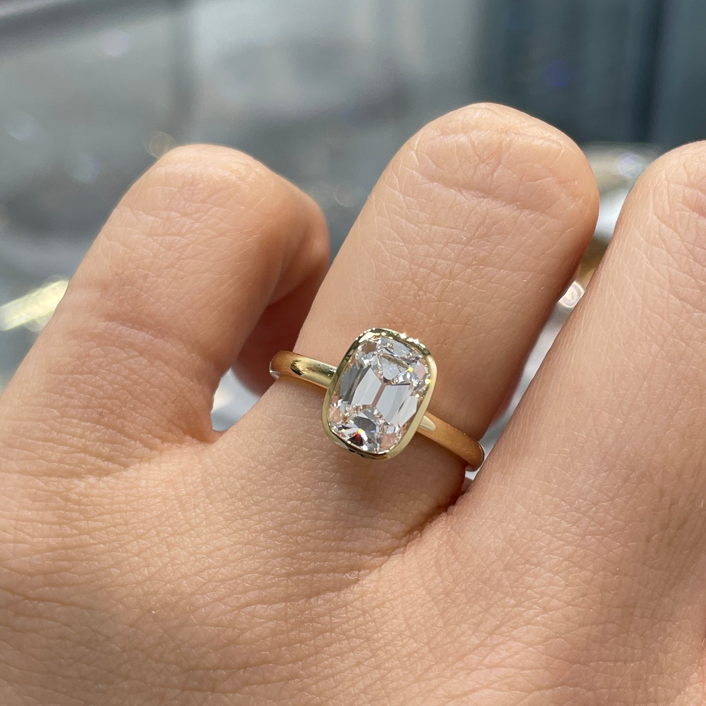 Lab diamond Antique long cushion cut 1.5ct bezel ring