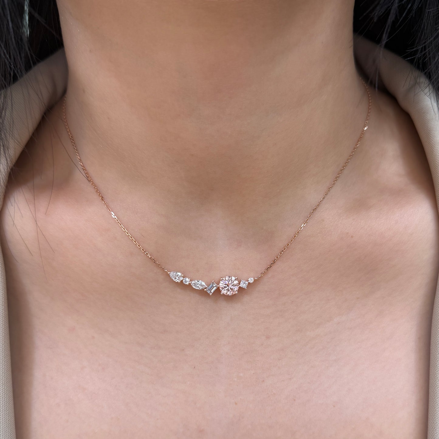 IGI Lab pink diamond Round 1ct with diamond fancy mix bar 0.75ct necklace