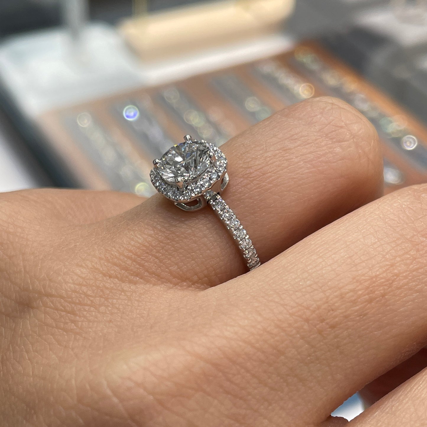 IGI Lab diamond round 1.3ct cushion shape halo two way pave ring