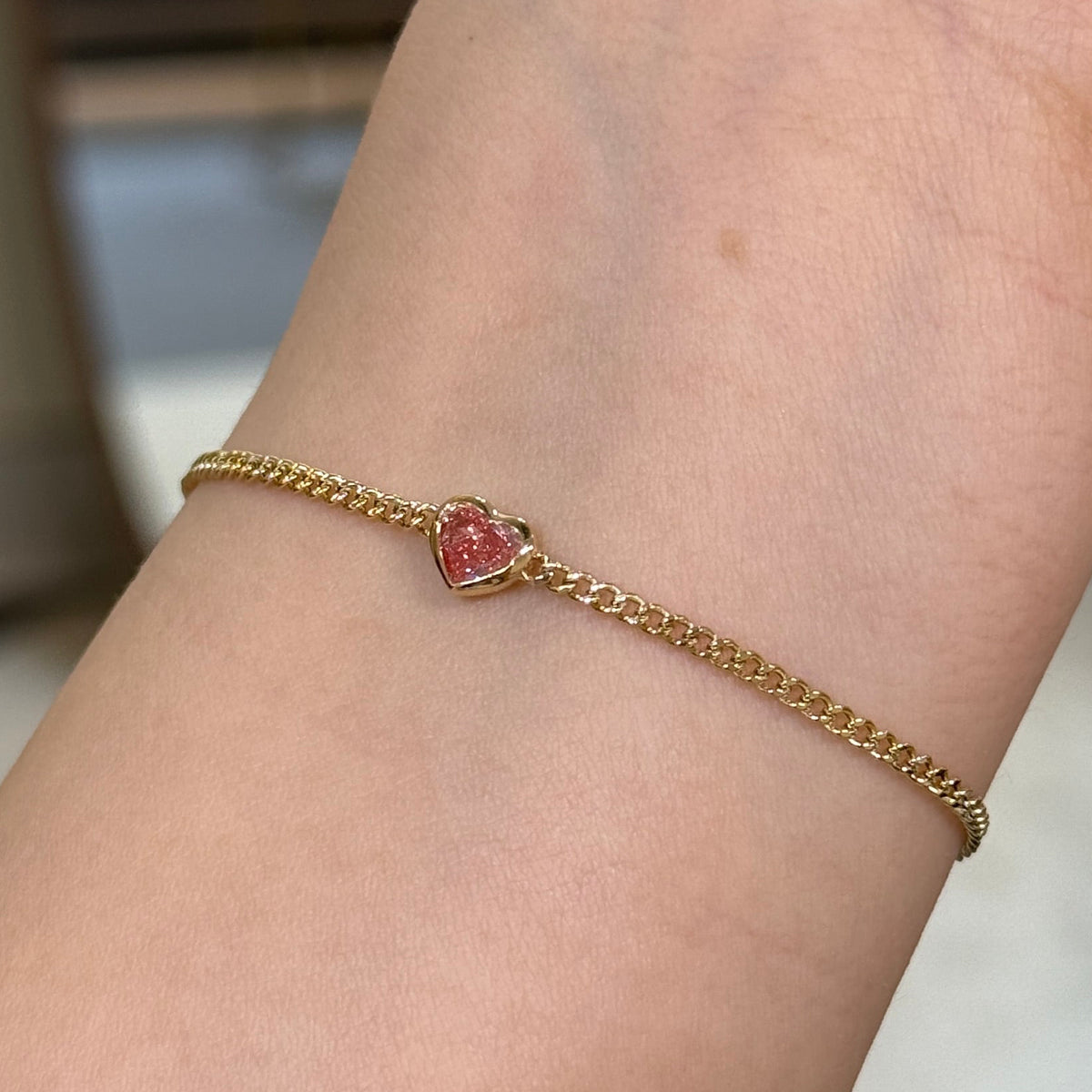 Lab pink diamond heart shape 0.4ct bezel with 1.8mm Cuban bracelet