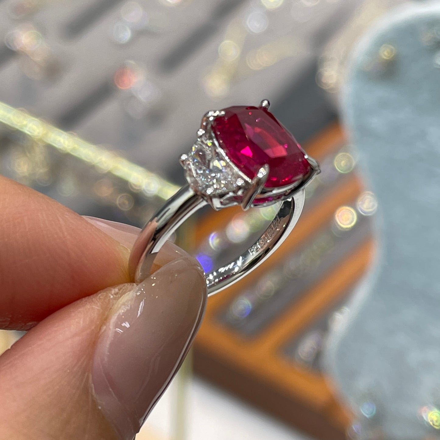Lab pinkish rudy elongated cushion cut 2.5ct with diamond half moon 0.5ct three stone setting ring