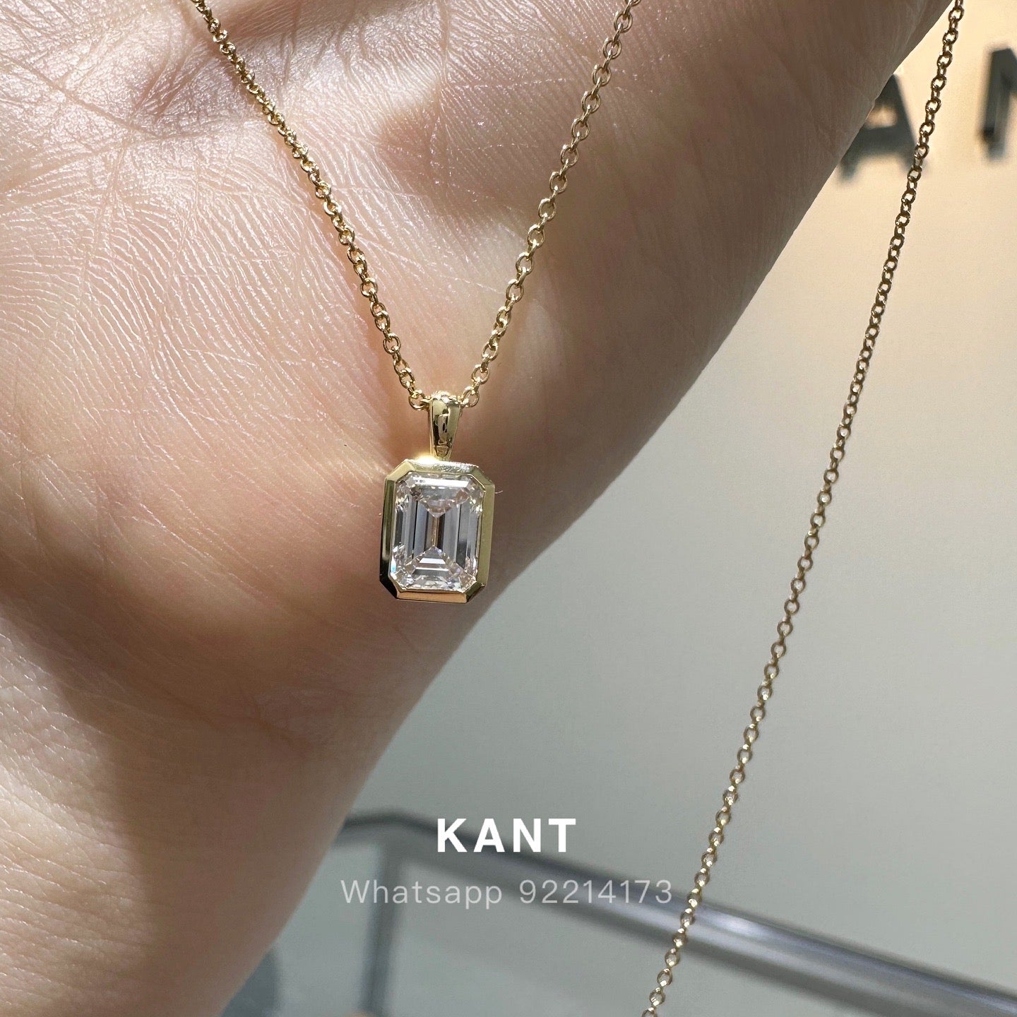 Lab diamond emerald cut 0.9ct bezel pendant with necklace