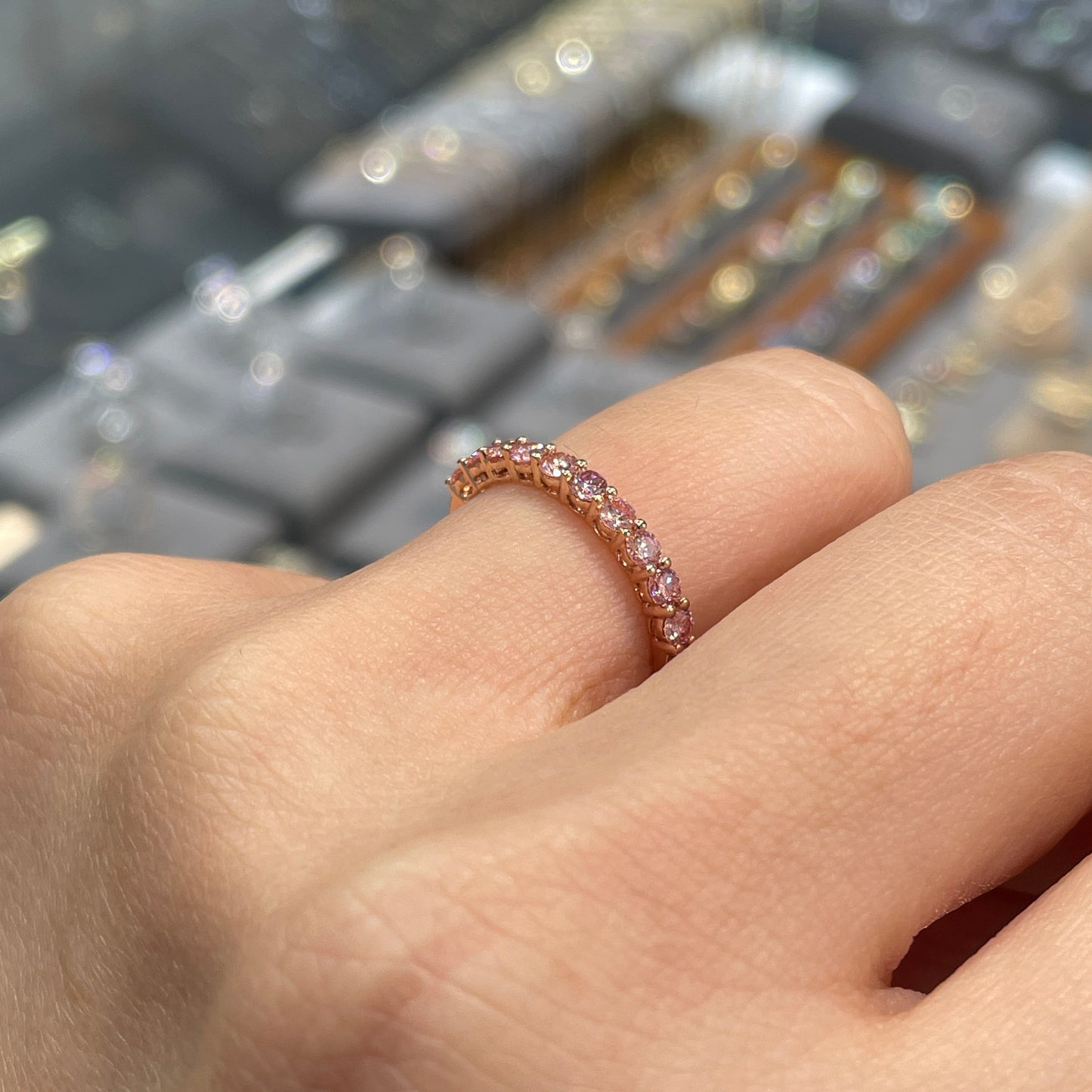Lab pink diamond round 0.4ct half eternity ring