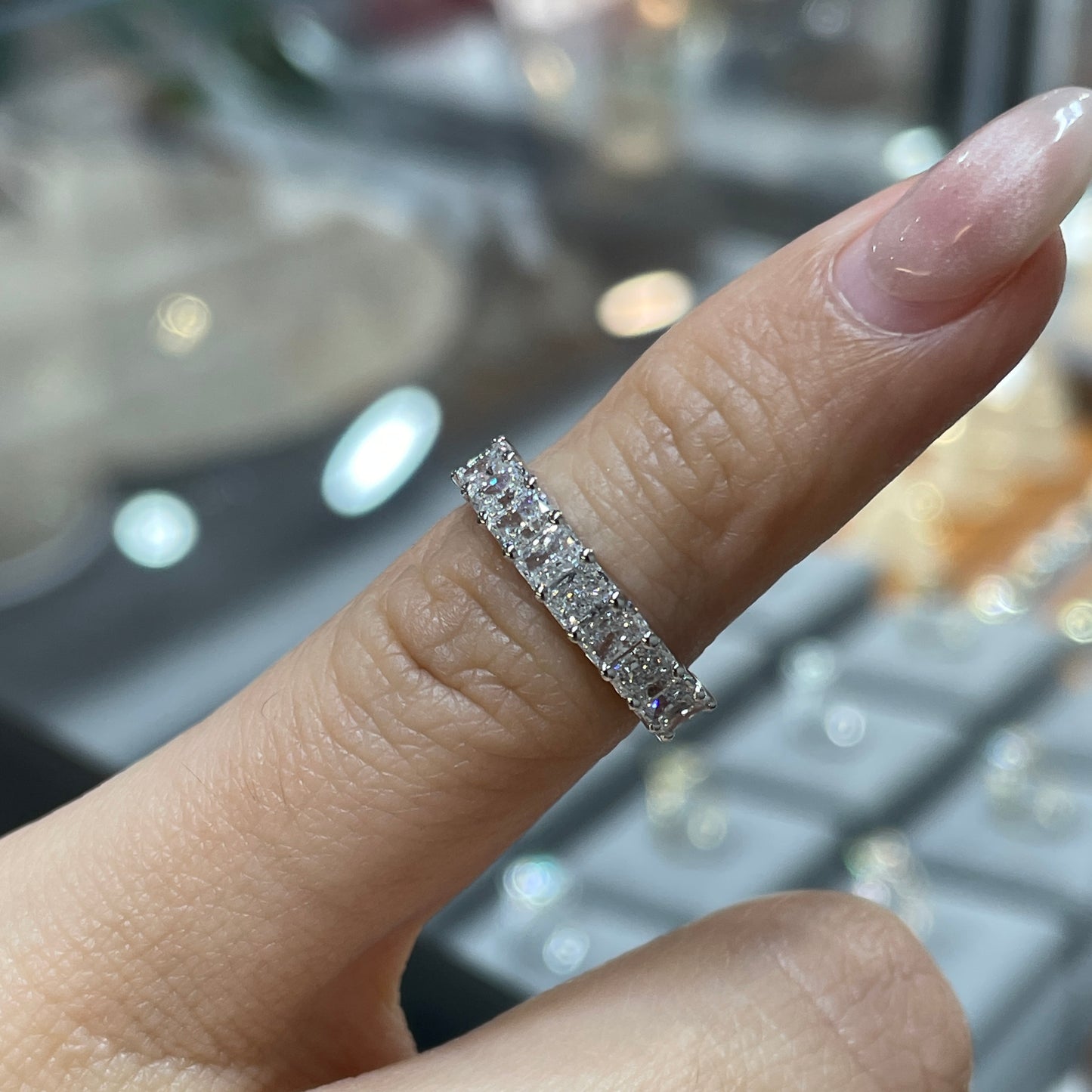 Lab diamond Radiant cut 0.9ct half eternity straight vertical line band pinky ring