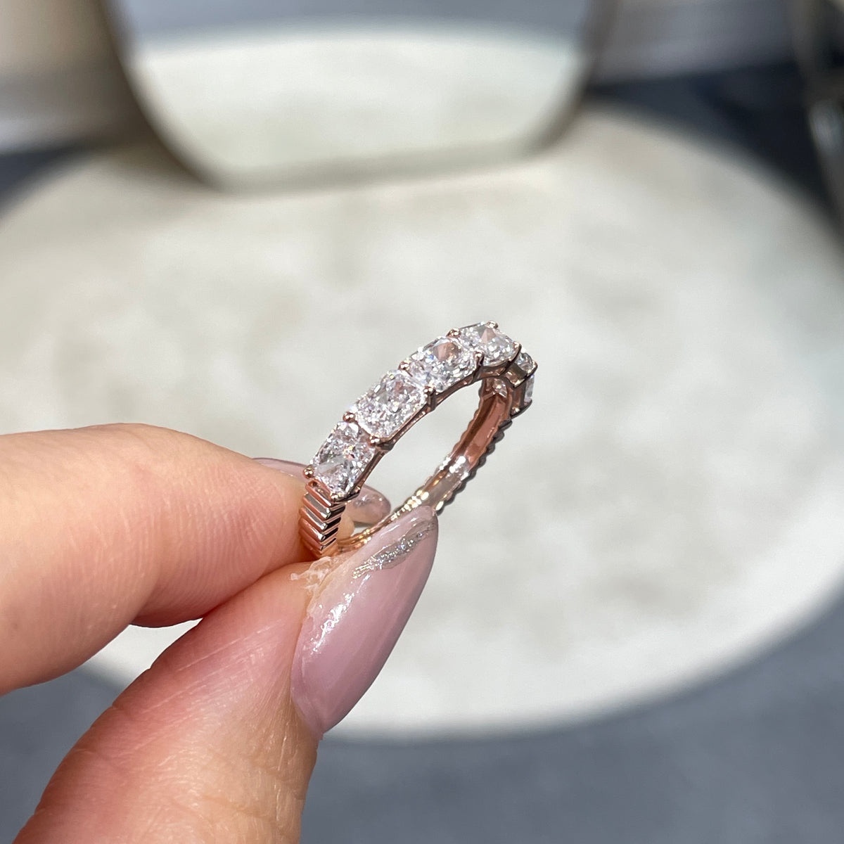 9k Lab diamond Radiant cut 1.8ct horizontal half eternity straight vertical line band ring