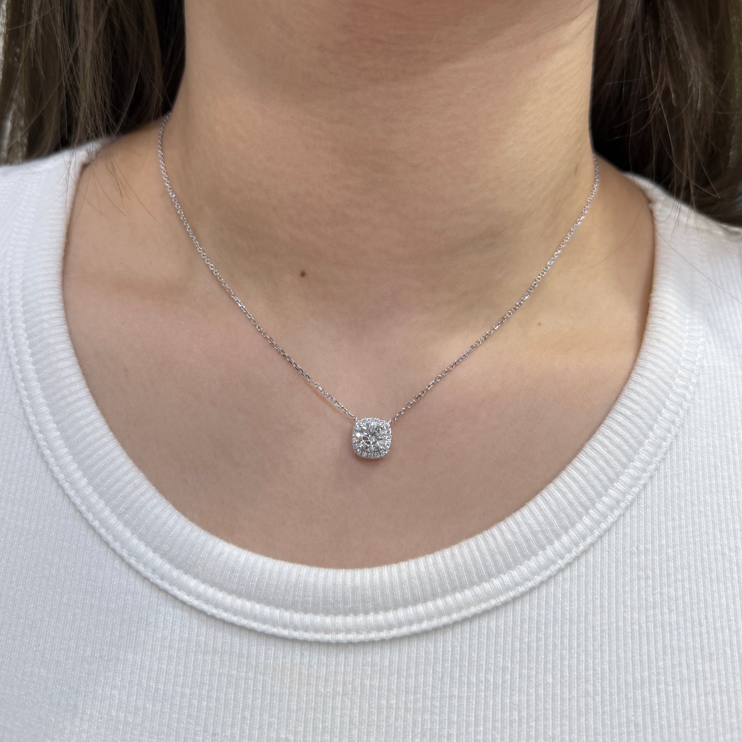 Lab diamond round 1.23ct cushion shape halo necklace