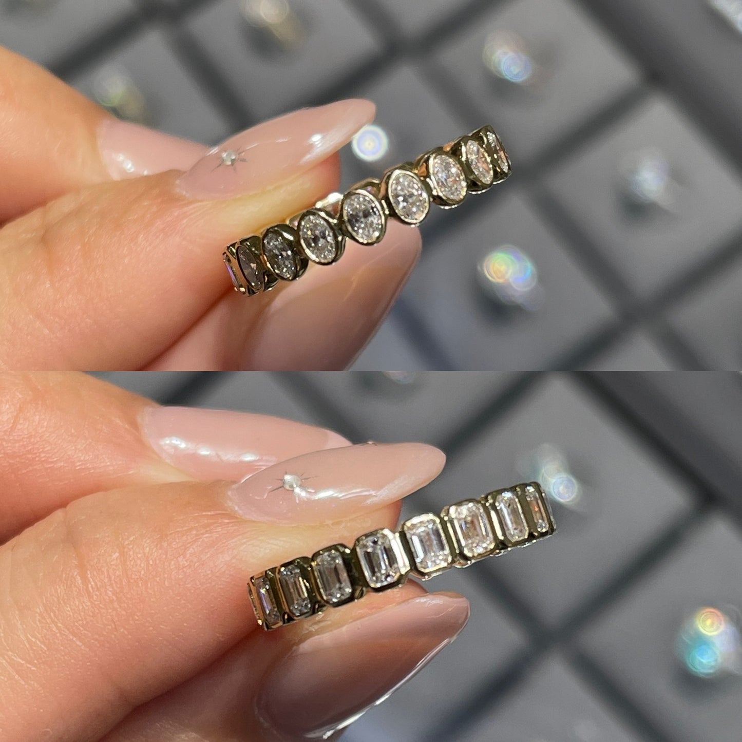 9k Lab diamond oval & emerald cut 1.3ct bezel half half full eternity ring