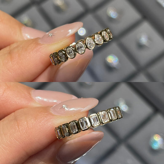 9k Lab diamond oval & emerald cut 1.3ct bezel half half full eternity ring