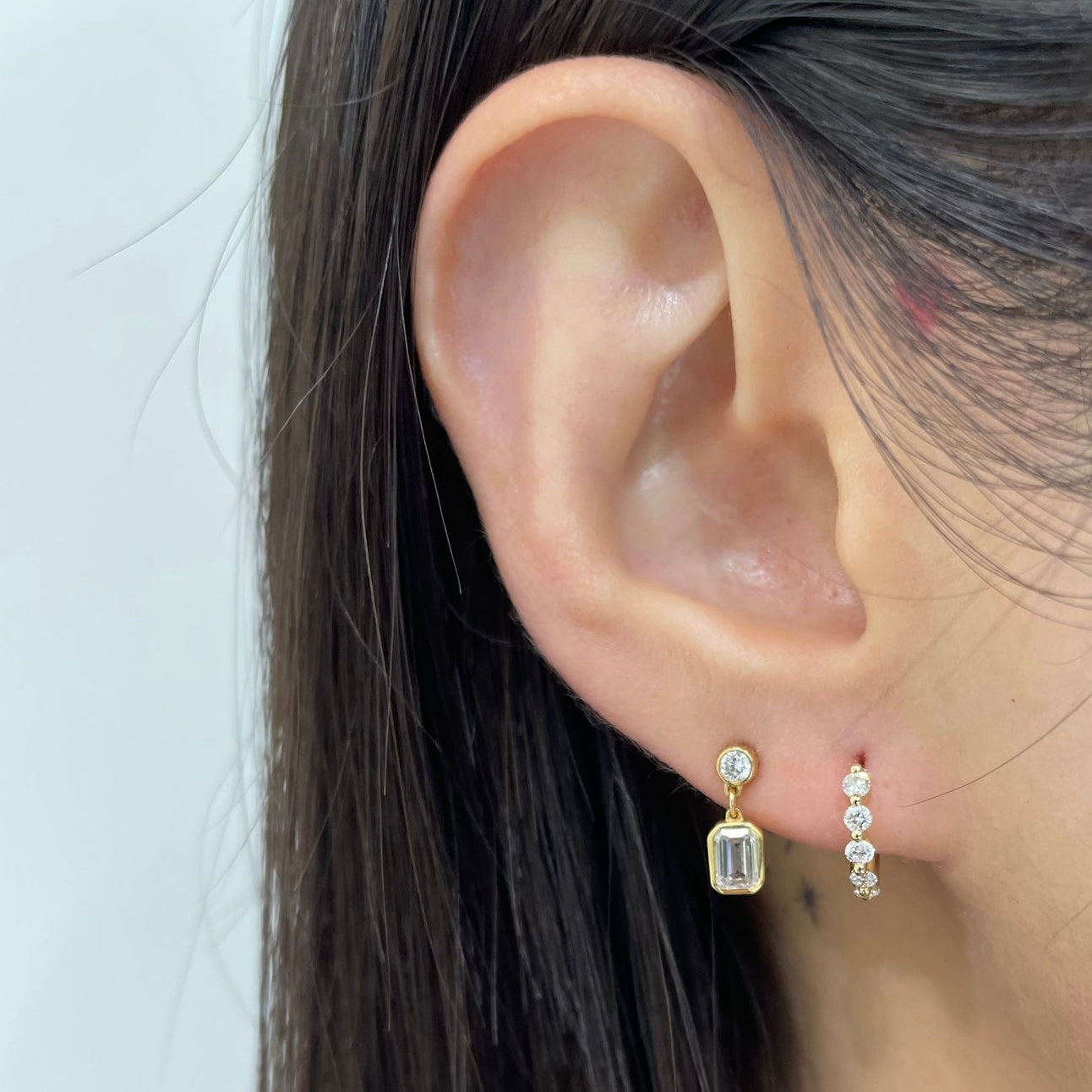 Lab diamond round swing emerald cut 0.45ct bezel stud earring-each