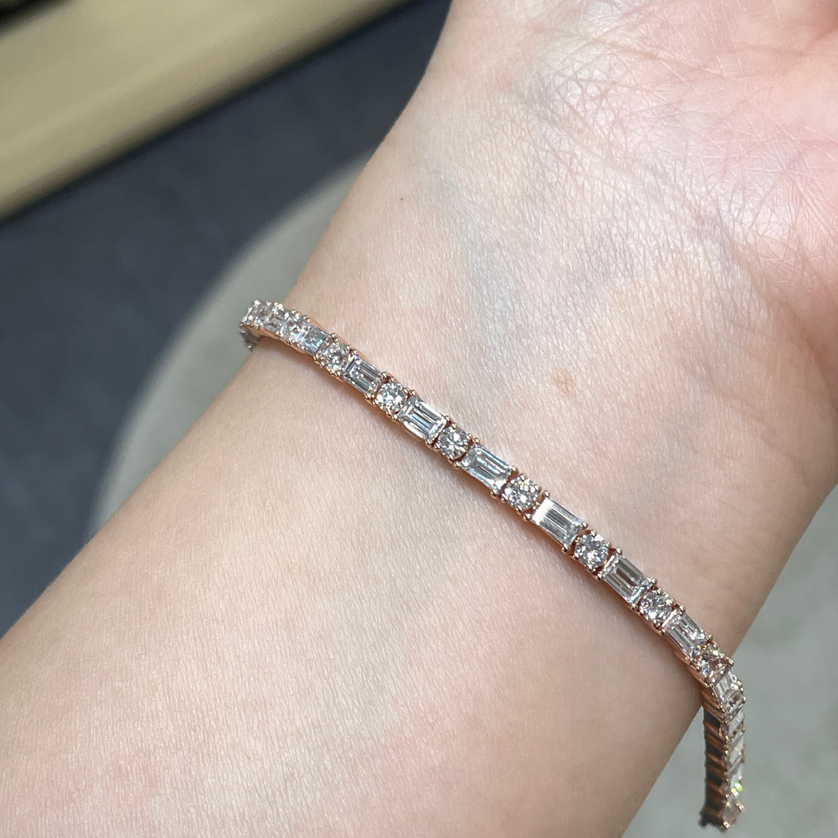 14k Lab Diamond baguette cut and round mix 5.7ct four-prong tennis bracelet