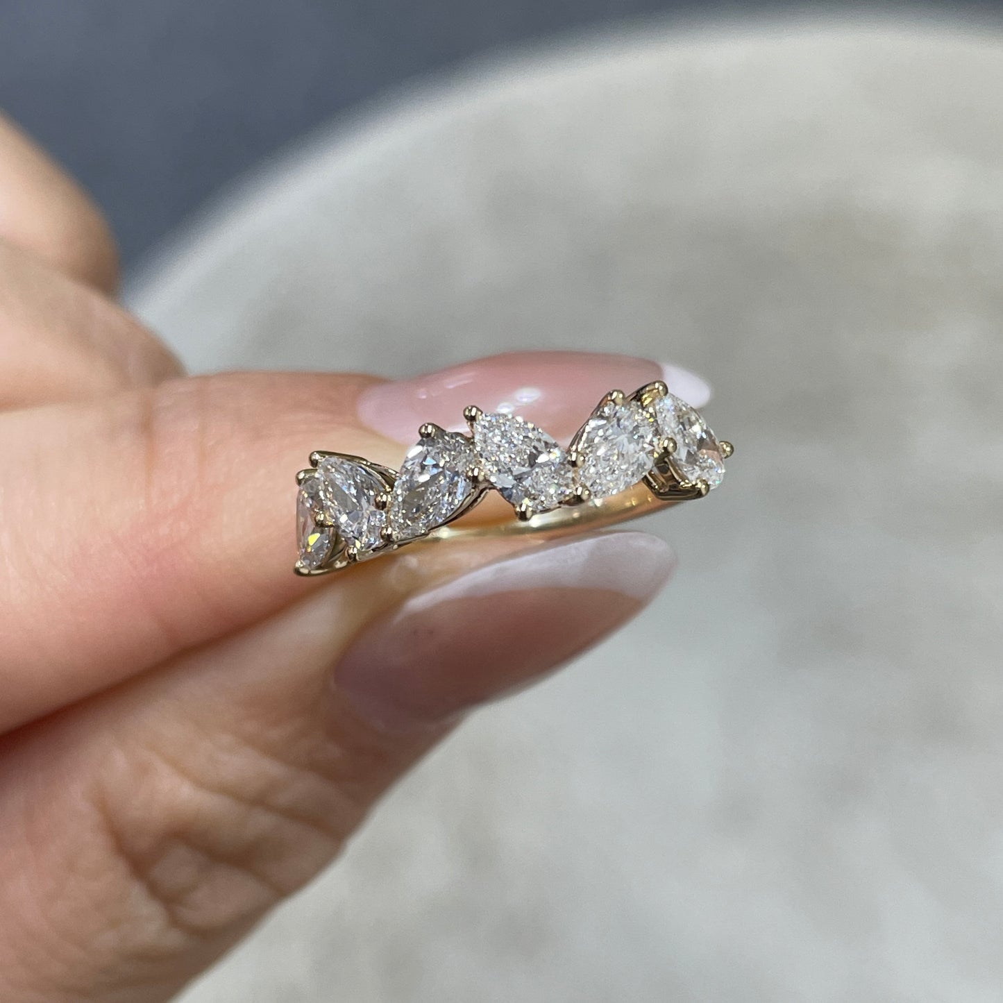 Lab diamond pear 1.2ct irregular half eternity ring