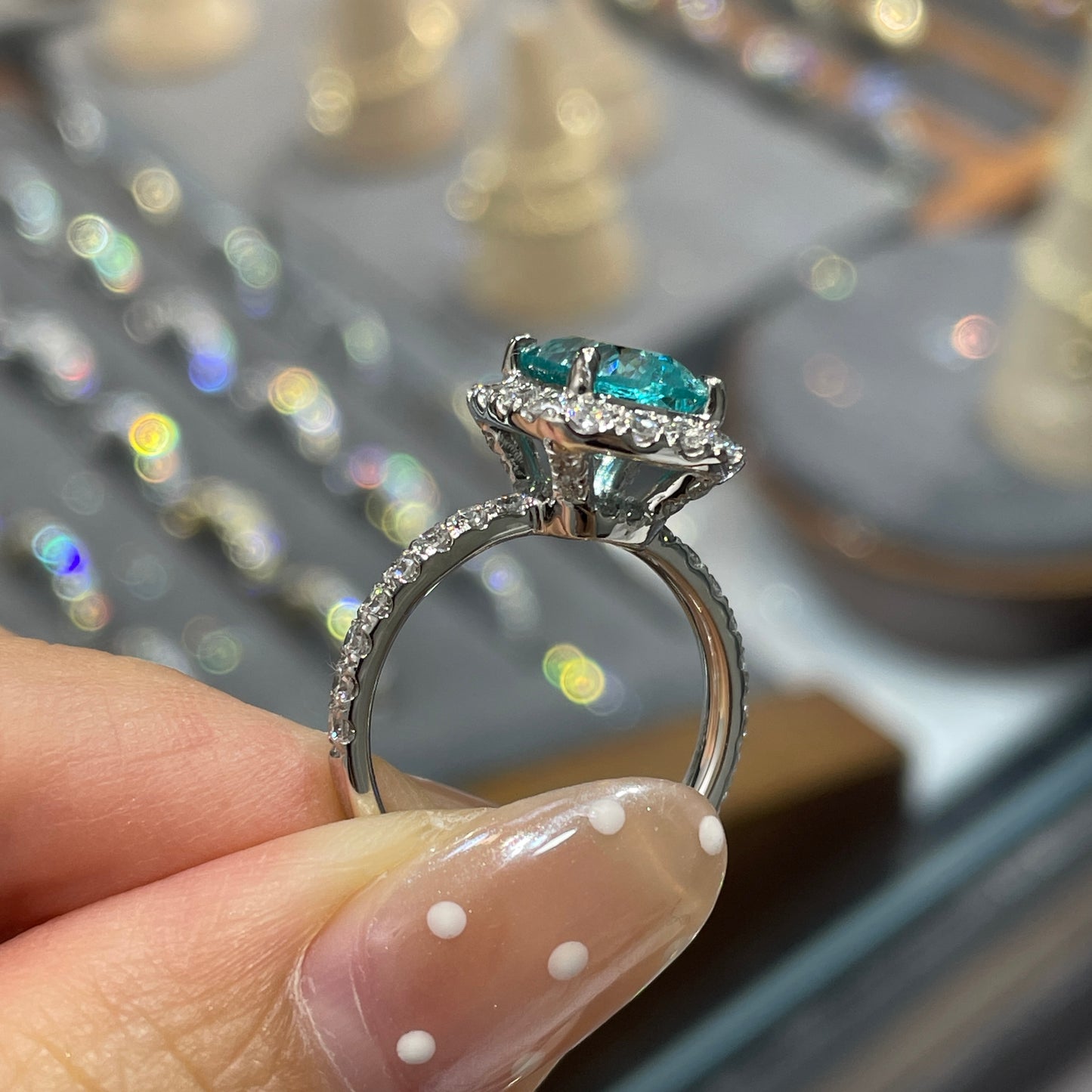Lab Sapphire paraiba color cushion cut 3.4ct classic halo ring