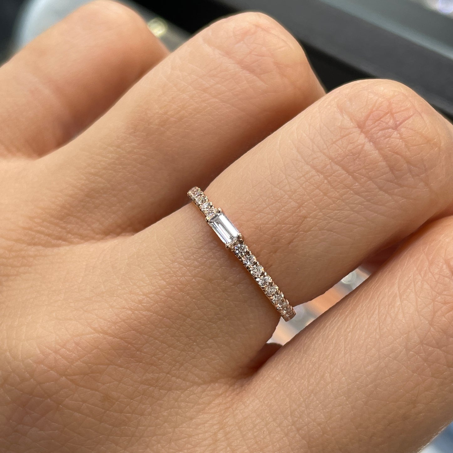 Lab diamond baguette cut 0.1ct four-prong pave ring