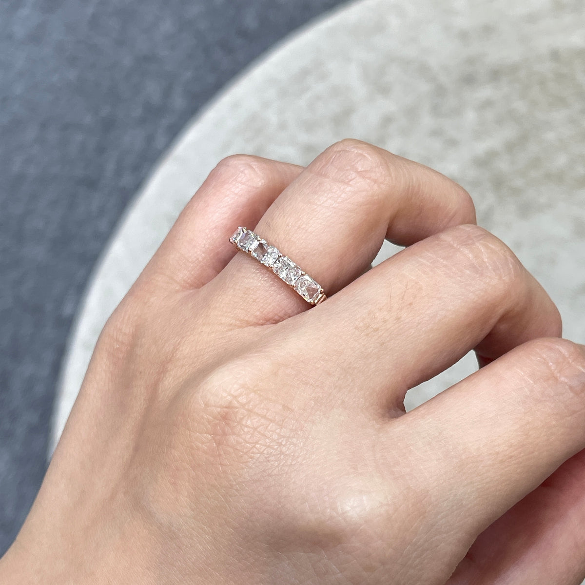 9k Lab diamond Radiant cut 1.8ct horizontal half eternity straight vertical line band ring
