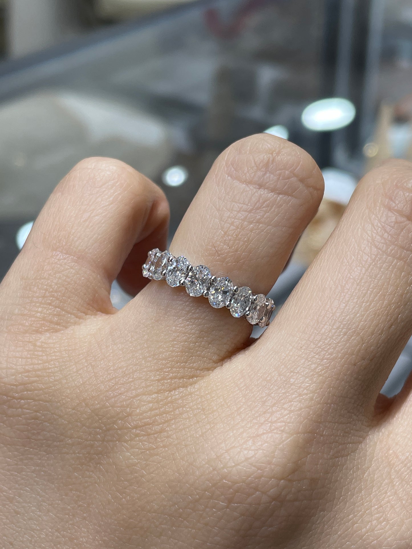 Lab diamond oval & emerald cut half half 4ct full eternity ring
